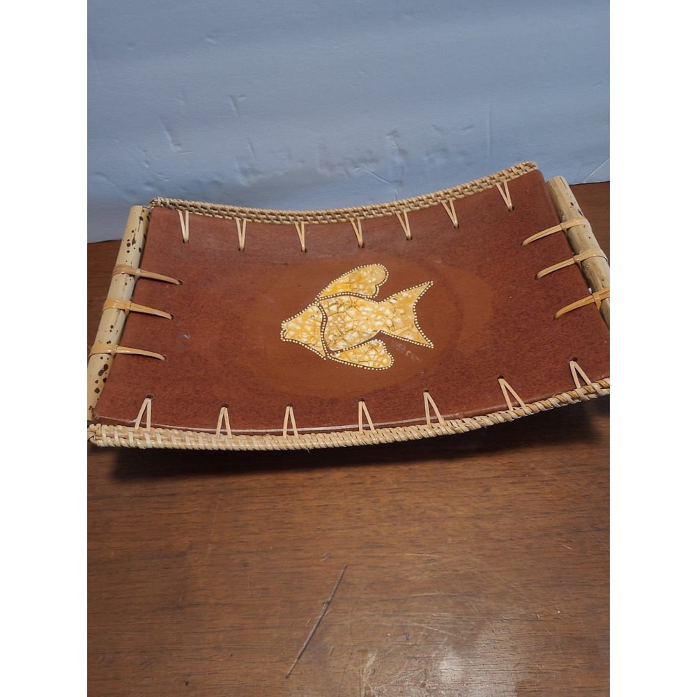Clay Terracotta Wicker Rattan Trim Rectangle Fish Tray Decorative Centerpiece